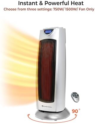 Comfort Zone 1500W Oscillating Tower Space Heater with Remote