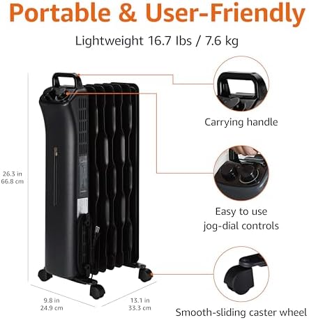 Amazon Basics 1500W Oil Space Heater 3 Settings ETL Certified Black