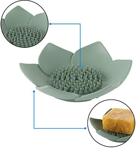 HR 3 Pack Silicone Soap Holder with Drain Lotus Shape - Blue Green Grey
