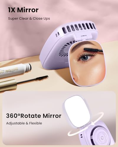 Gaiatop Mini Neck Fan with 360 Rotate Makeup Mirror