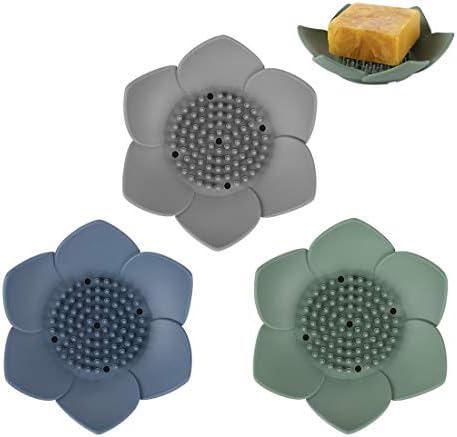 HR 3 Pack Silicone Soap Holder with Drain Lotus Shape - Blue Green Grey