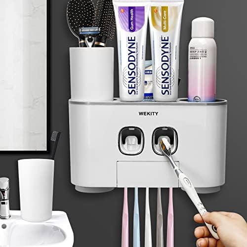 WREWING Multi-Function Toothbrush Holder with 5 Slots and 2 Dispensers
