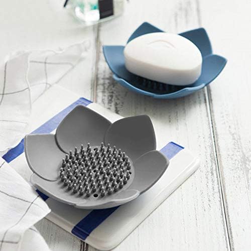 HR 3 Pack Silicone Soap Holder with Drain Lotus Shape - Blue Green Grey