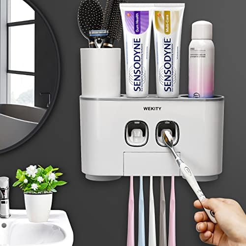 WREWING Multi-Function Toothbrush Holder with 5 Slots and 2 Dispensers