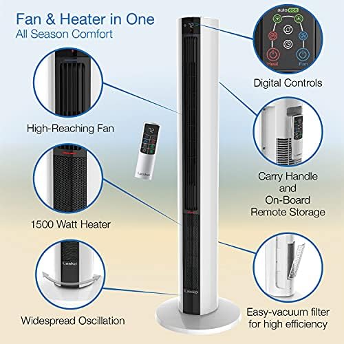 Lasko 1500 Watt 4 Speed Quiet Bladeless Tower Fan and Space Heater White