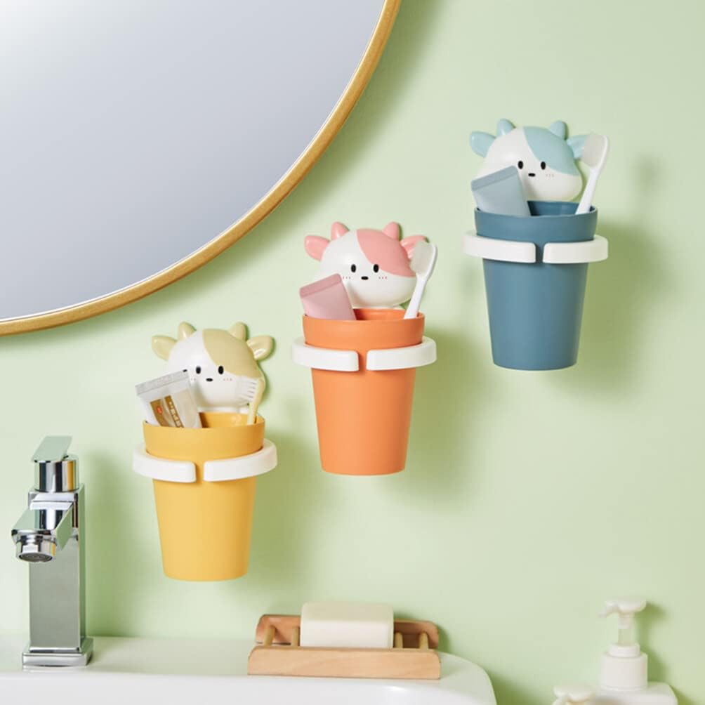Hemoton Cartoon Cow Toothbrush Holder Wall Mount