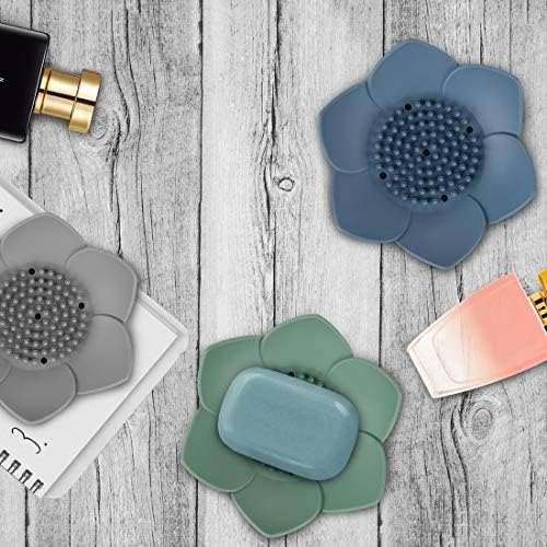 HR 3 Pack Silicone Soap Holder with Drain Lotus Shape - Blue Green Grey