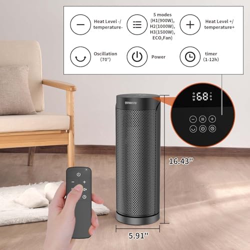 QOWETU 1500W Quiet PTC Ceramic Space Heater with Remote