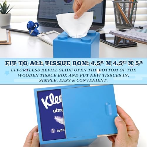 CypherX Blue Wood Tissue Box Cover with Slide-Out Bottom