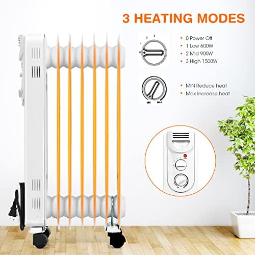S AFSTAR 1500W Oil Heater with 3 Settings and Safety Features