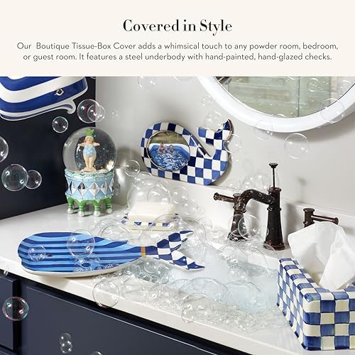 MACKENZIE-CHILDS Tissue Box Cover Square Blue-and-White Royal Check