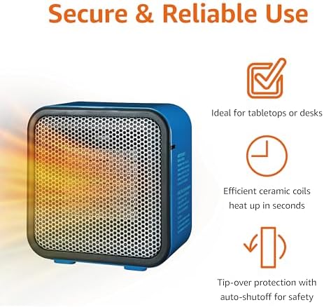 Amazon Basics 500W Ceramic Space Heater Blue Compact Lightweight Safe