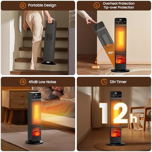 Riseon 1500W Electric Fireplace Heater with Remote Child Lock and 3D Flame