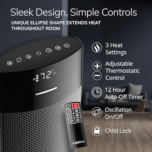 Lasko Ellipse Tower Heater 24 Inches 1500W Black