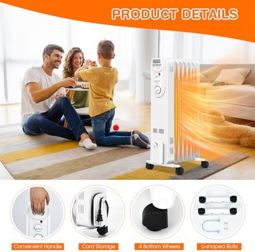 S AFSTAR 1500W Oil Heater with 3 Settings and Safety Features