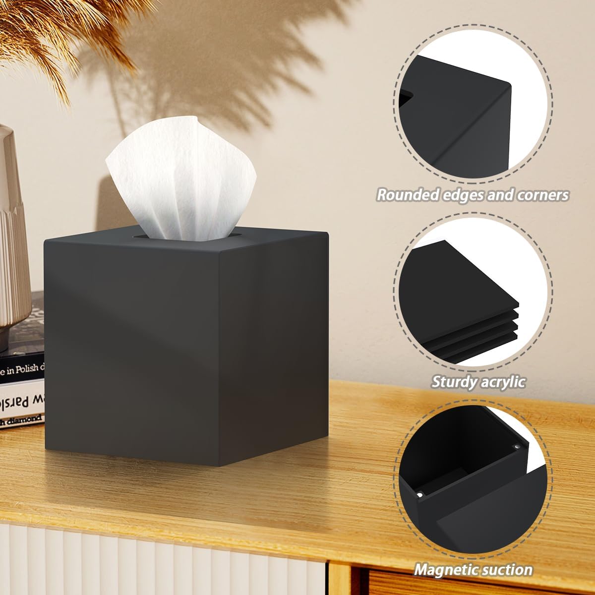 SILUT Tissue Box Cover Square Black Magnet Locking