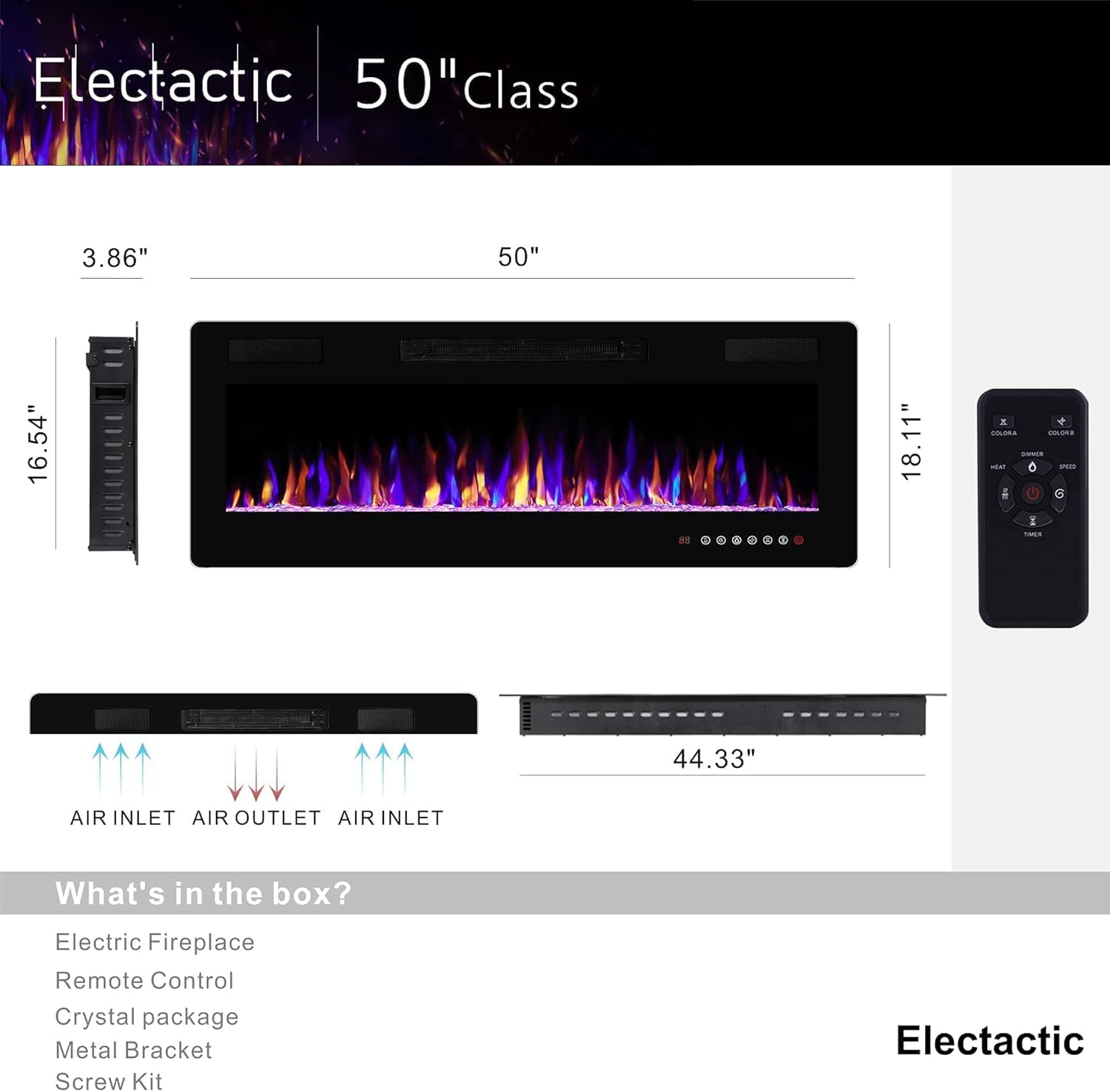 50 Inch Electric Fireplace with Timer and Remote Control