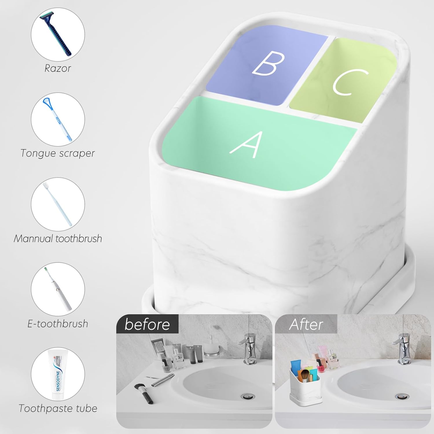 DOLED Electric Toothbrush Holder with 3 Slots and Makeup Brush Storage