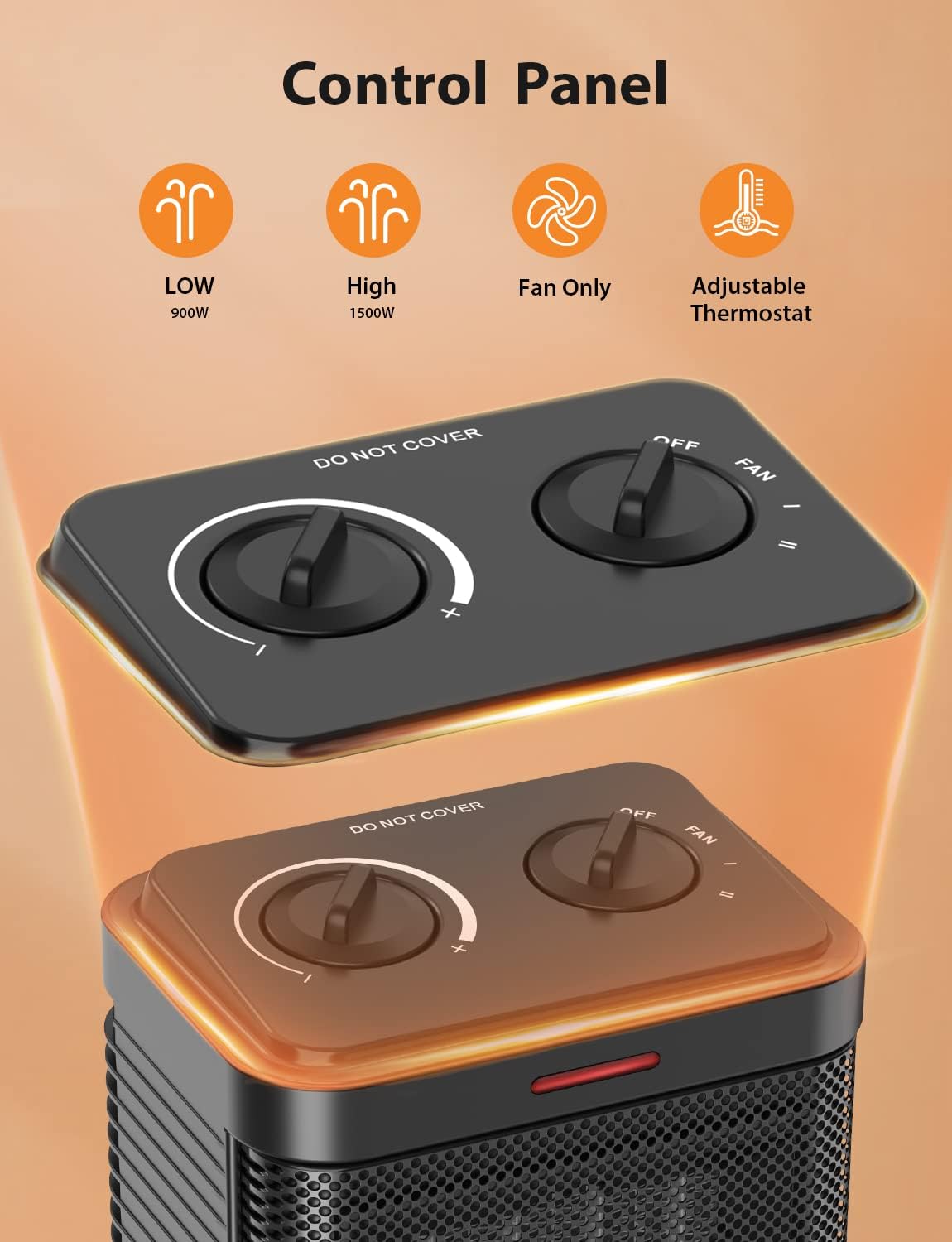 Pereysi 1500W PTC Ceramic Space Heater with Thermostat and 3 Modes