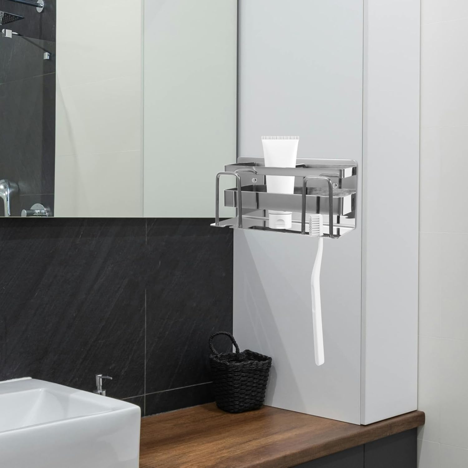 Amosfun Wall-Mounted Toothbrush Holder with Mirror Tile Rack