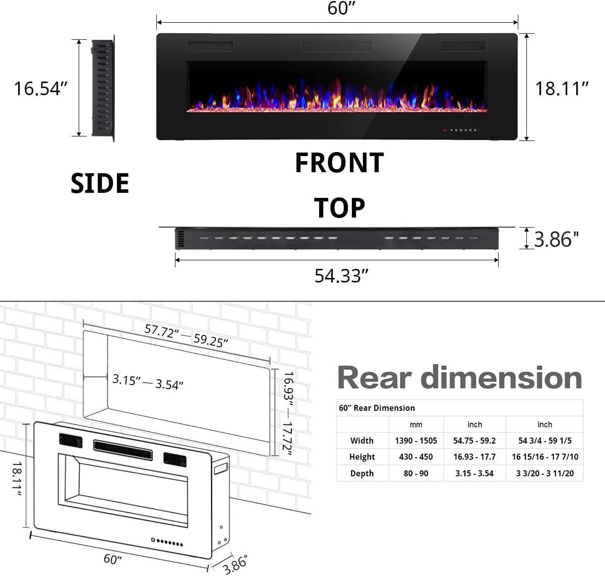 RWFLAME 60 Inch Electric Fireplace with Remote Control