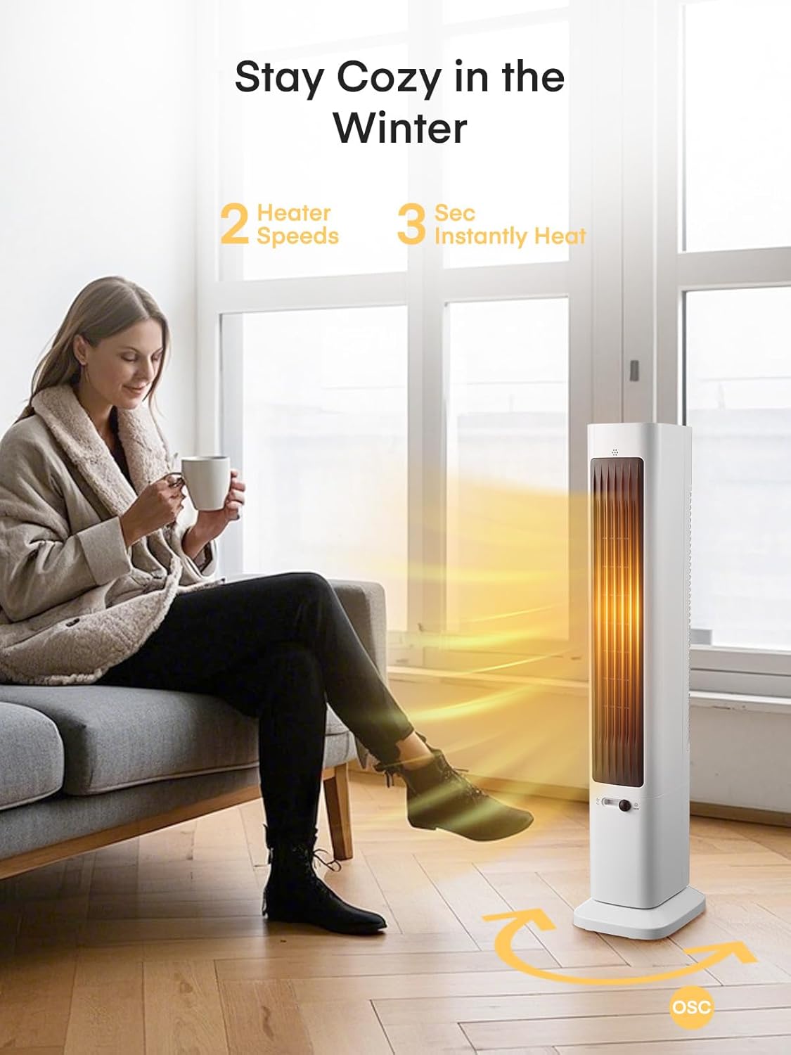 FOHERE Oscillating Fan and Heater Combo 379 Inch White