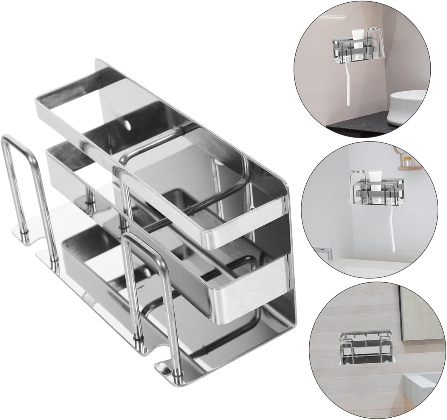 Stainless Steel Toothbrush Holder Wall Mount Multi-Functional Bathroom Organizer