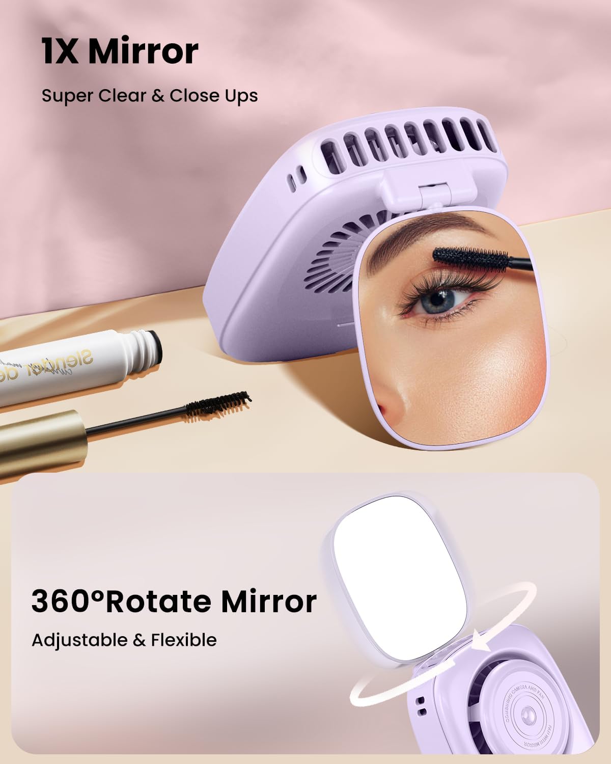 Gaiatop Mini Neck Fan with 360 Rotate Makeup Mirror