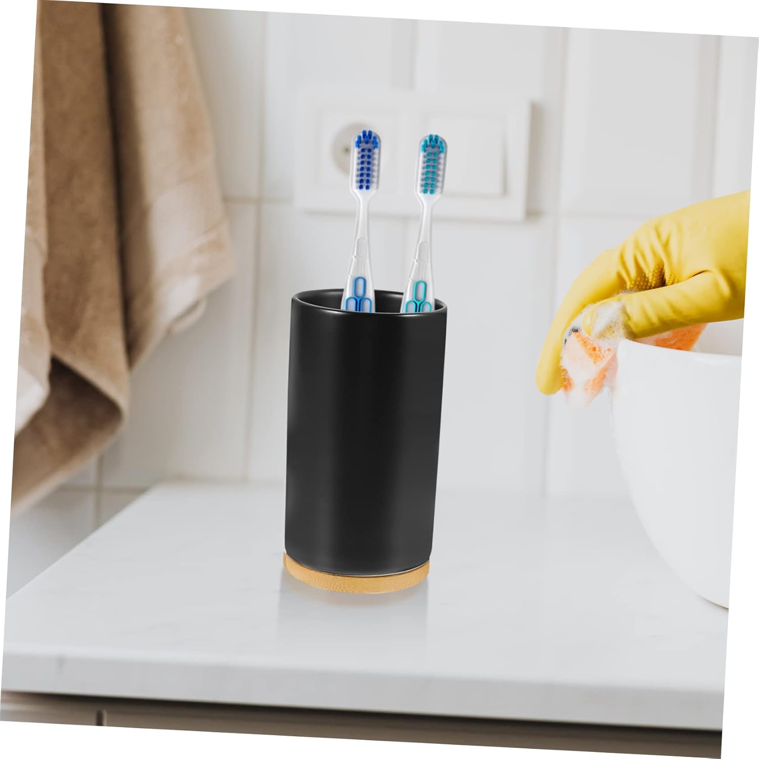 BRIGHTFUFU Cylinder Ceramic Toothbrush Cup Black Decorative