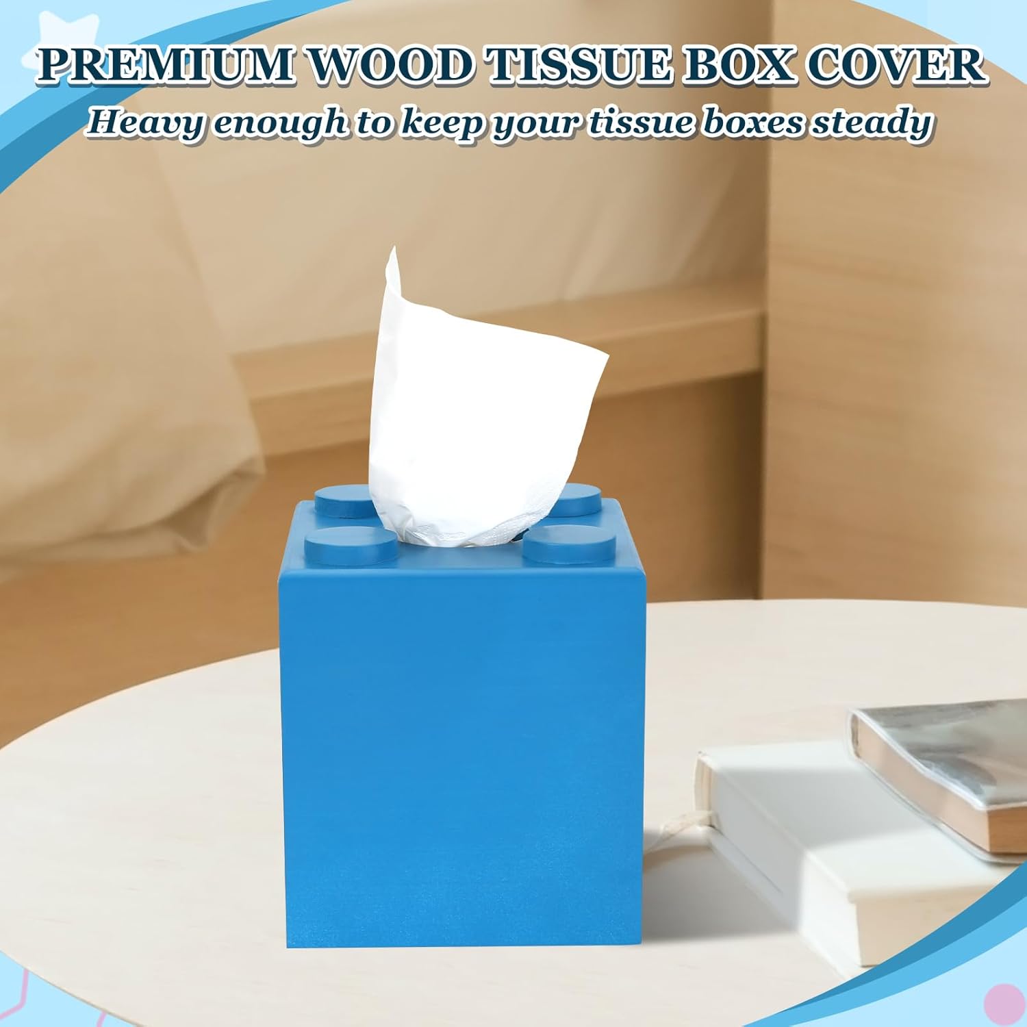 CypherX Blue Wood Tissue Box Cover with Slide-Out Bottom