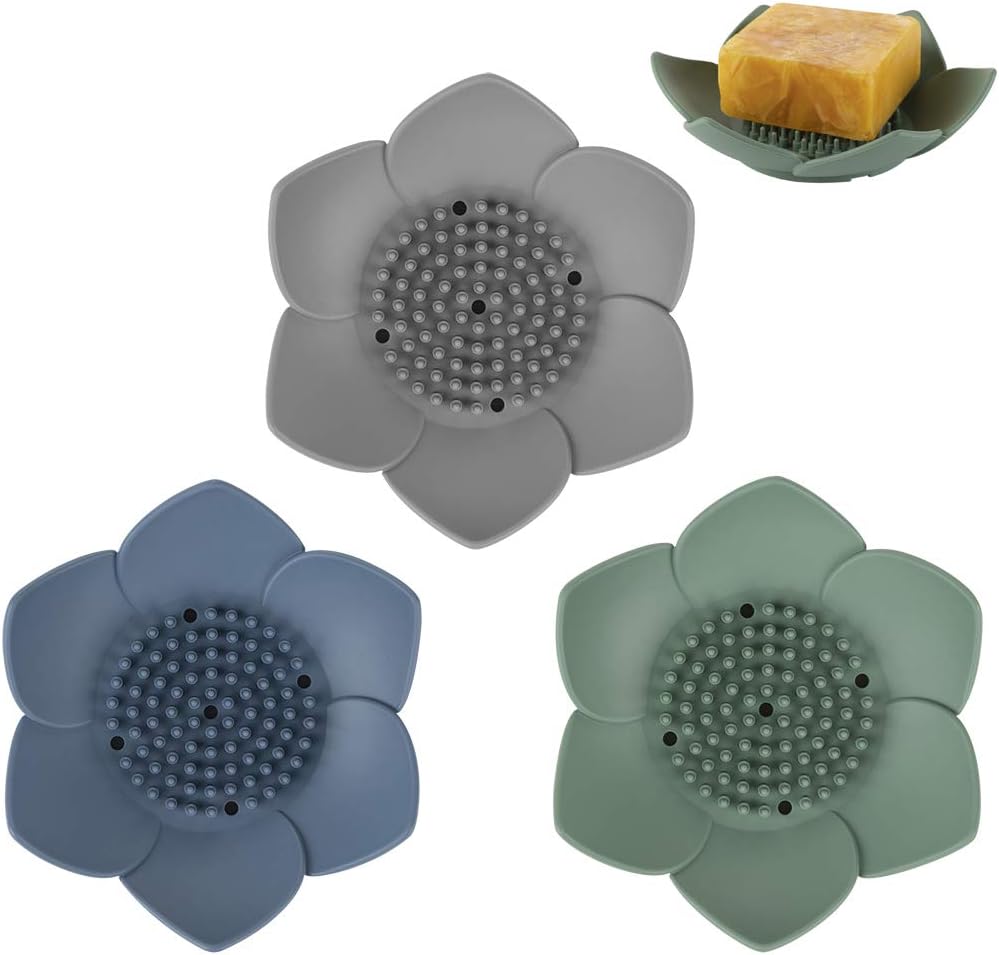 HR 3 Pack Silicone Soap Holder with Drain Lotus Shape - Blue Green Grey