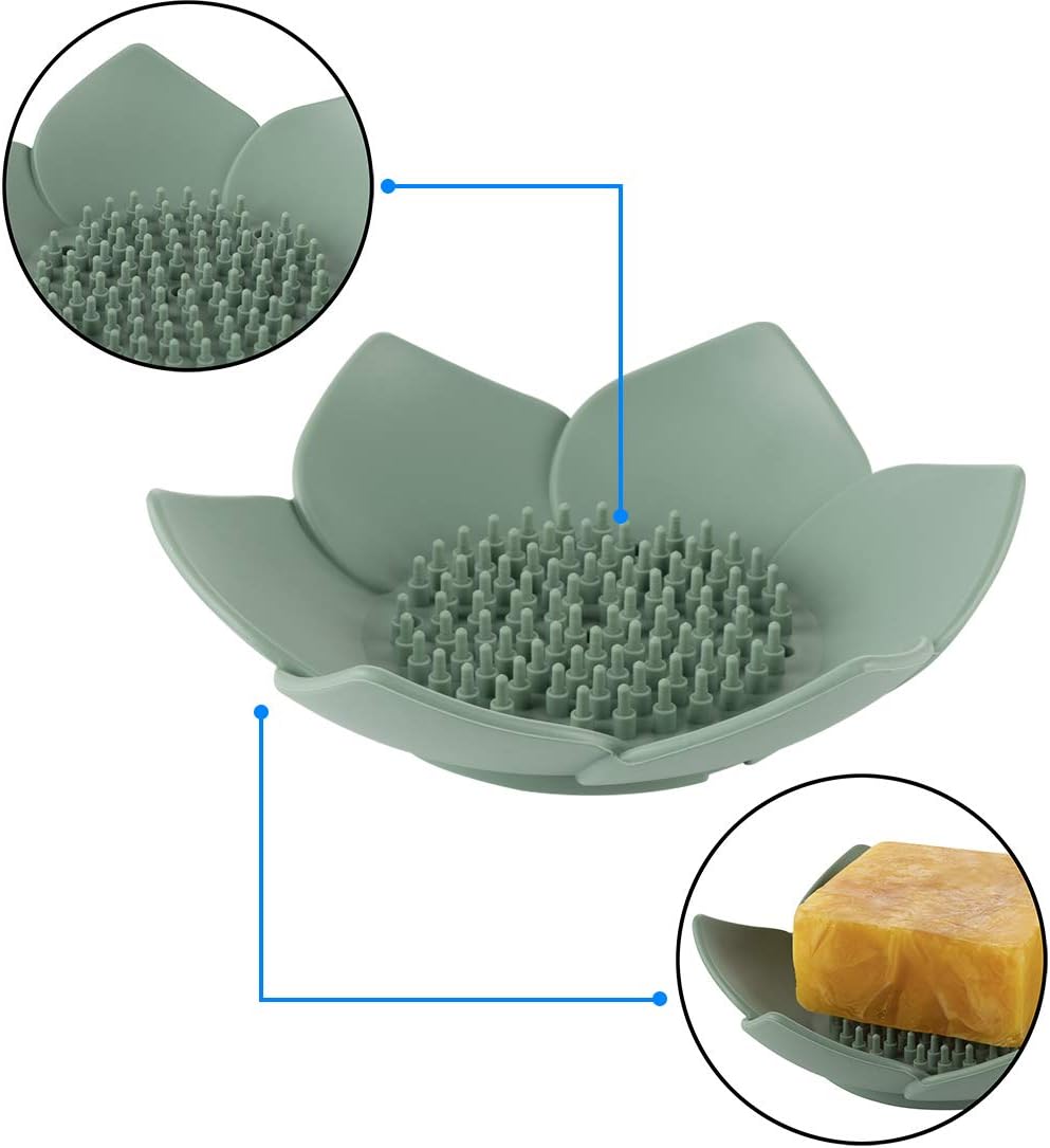 HR 3 Pack Silicone Soap Holder with Drain Lotus Shape - Blue Green Grey