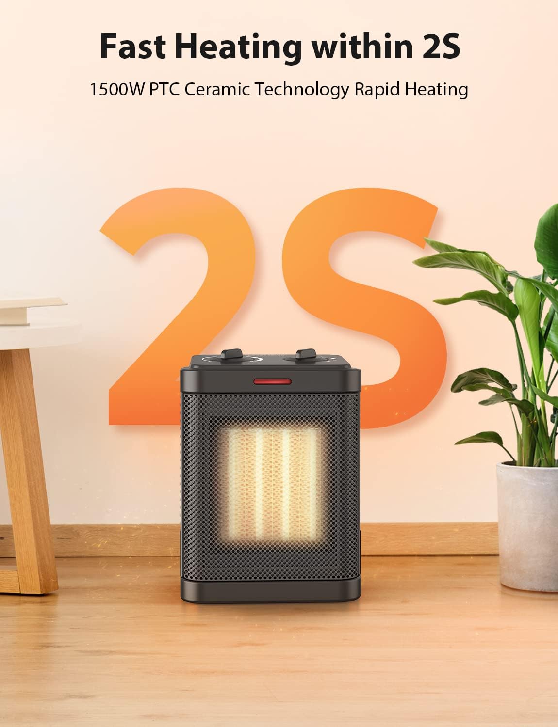 Pereysi 1500W PTC Ceramic Space Heater with Thermostat and 3 Modes