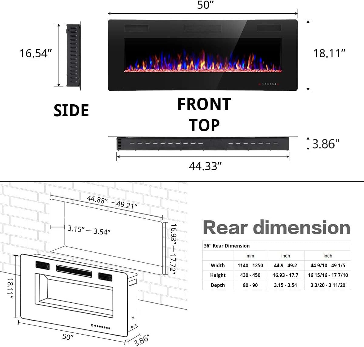 RWFLAME 50 Inch Electric Fireplace with Touch Screen and Remote