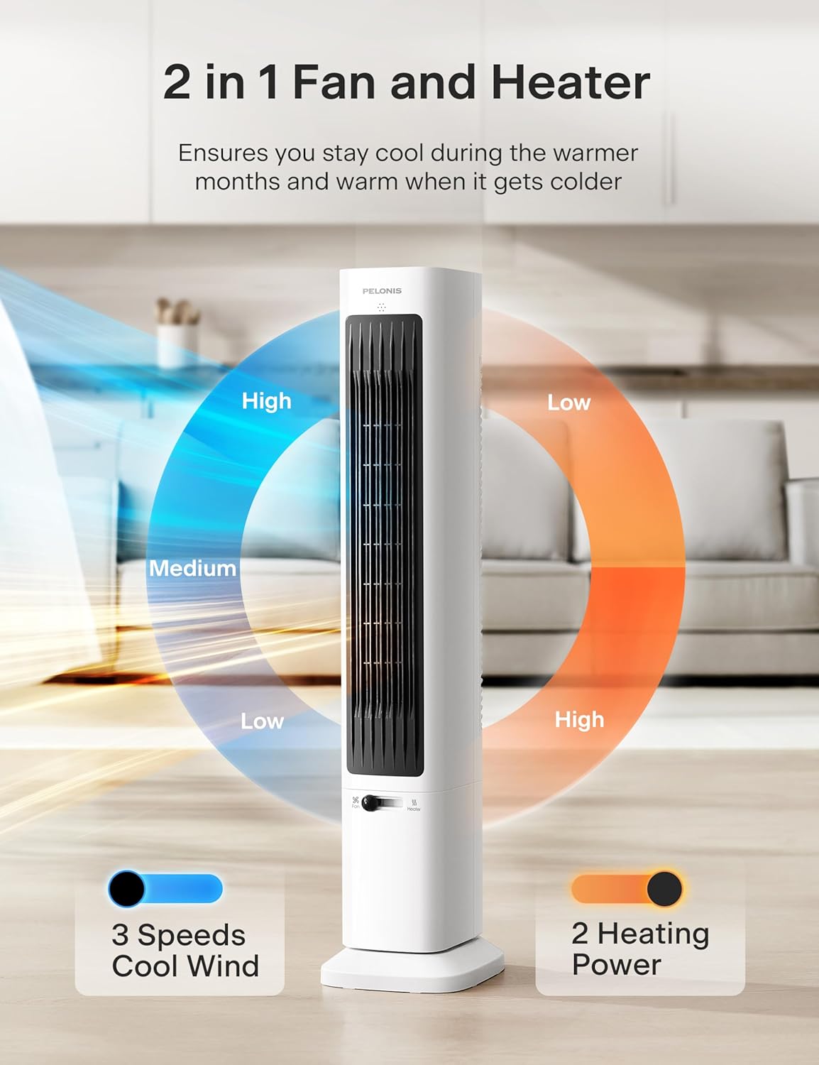 PELONIS Oscillating Tower Fan Heater Combo with Remote