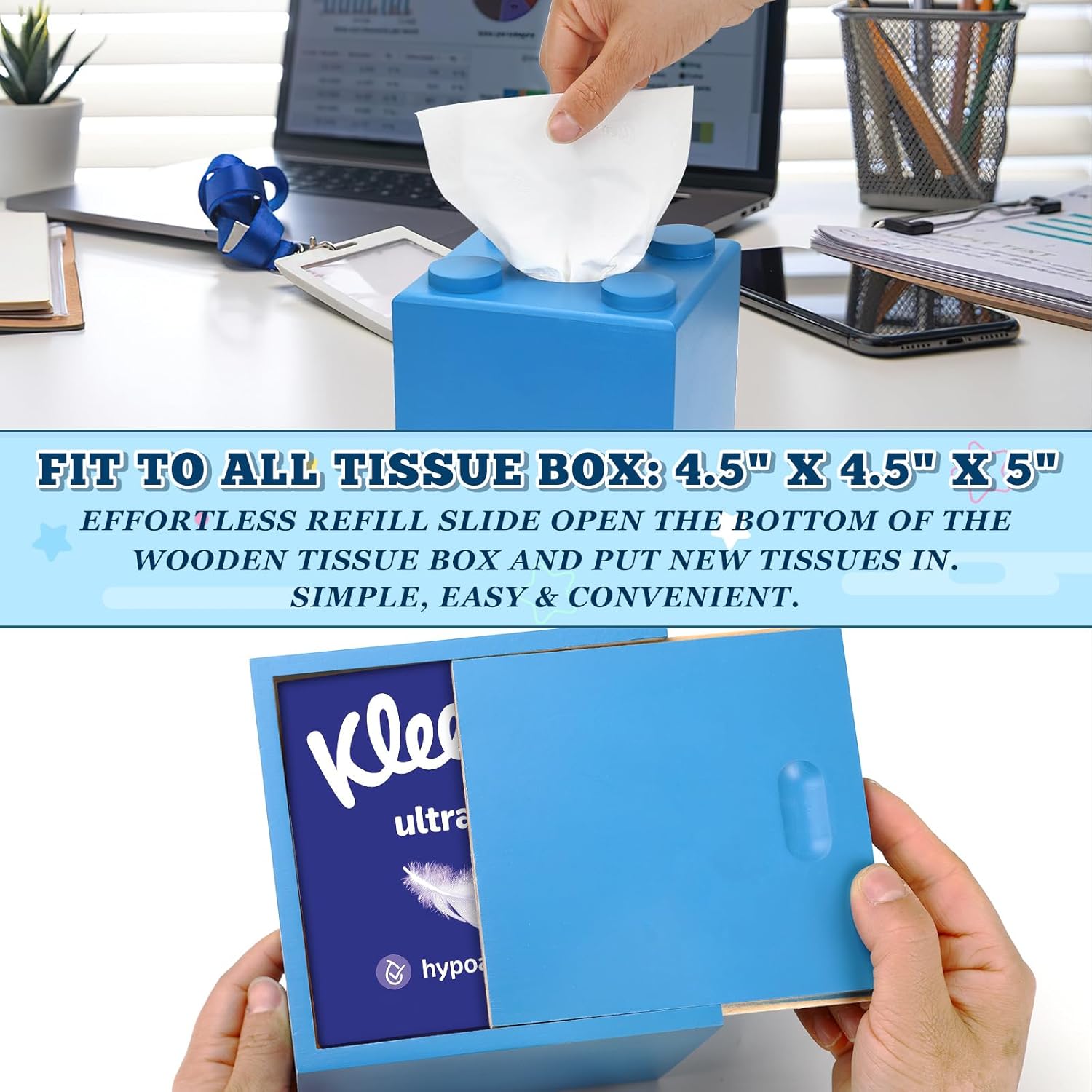 CypherX Blue Wood Tissue Box Cover with Slide-Out Bottom