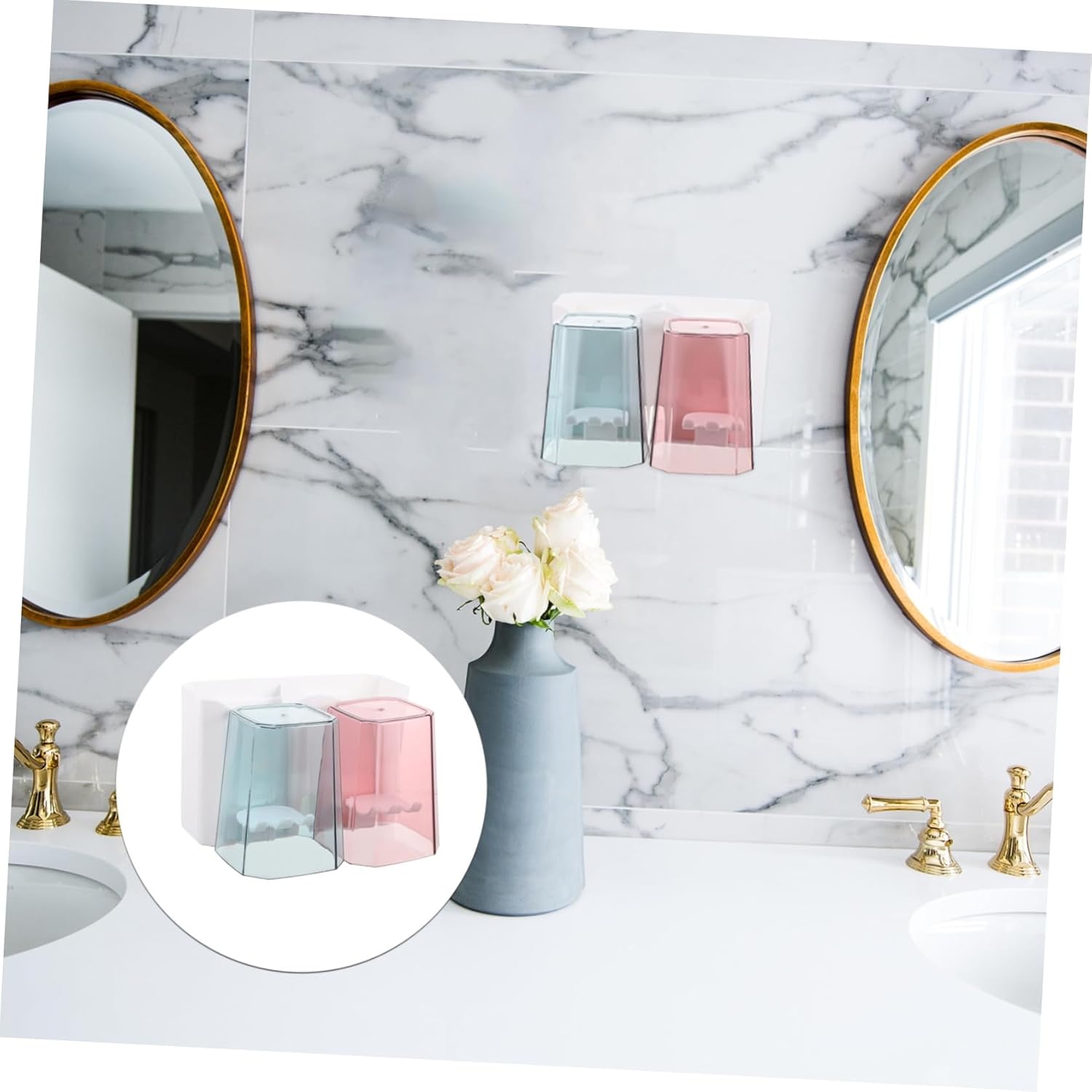 1 Set Wall Mounted Bathroom Storage Rack with Cups and Toothbrush Holder