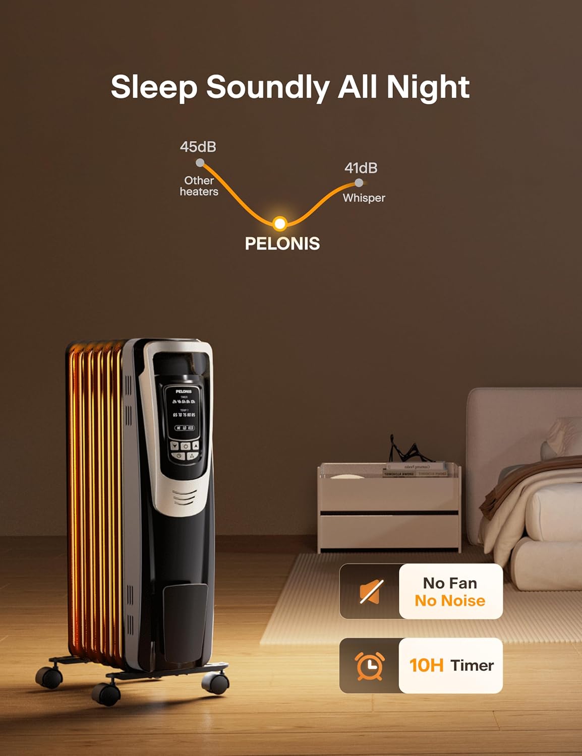 PELONIS Champagne Oil Filled Radiator Heater with Remote Control and Thermostat