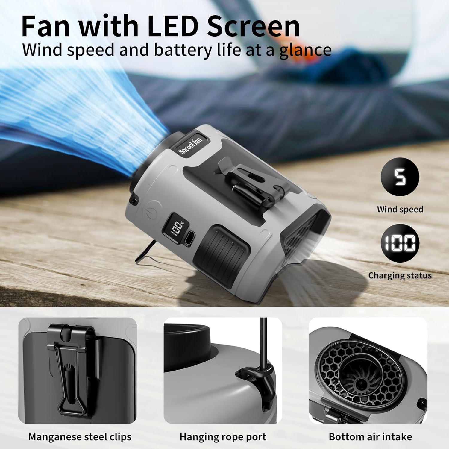 Socool 10000mAh Portable Waist Fan with 5 Speeds and Flashlight
