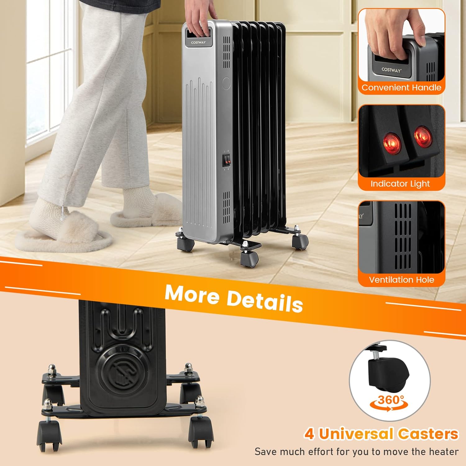 COSTWAY 1500W Oil Filled Radiator Heater with 3 Heat Levels