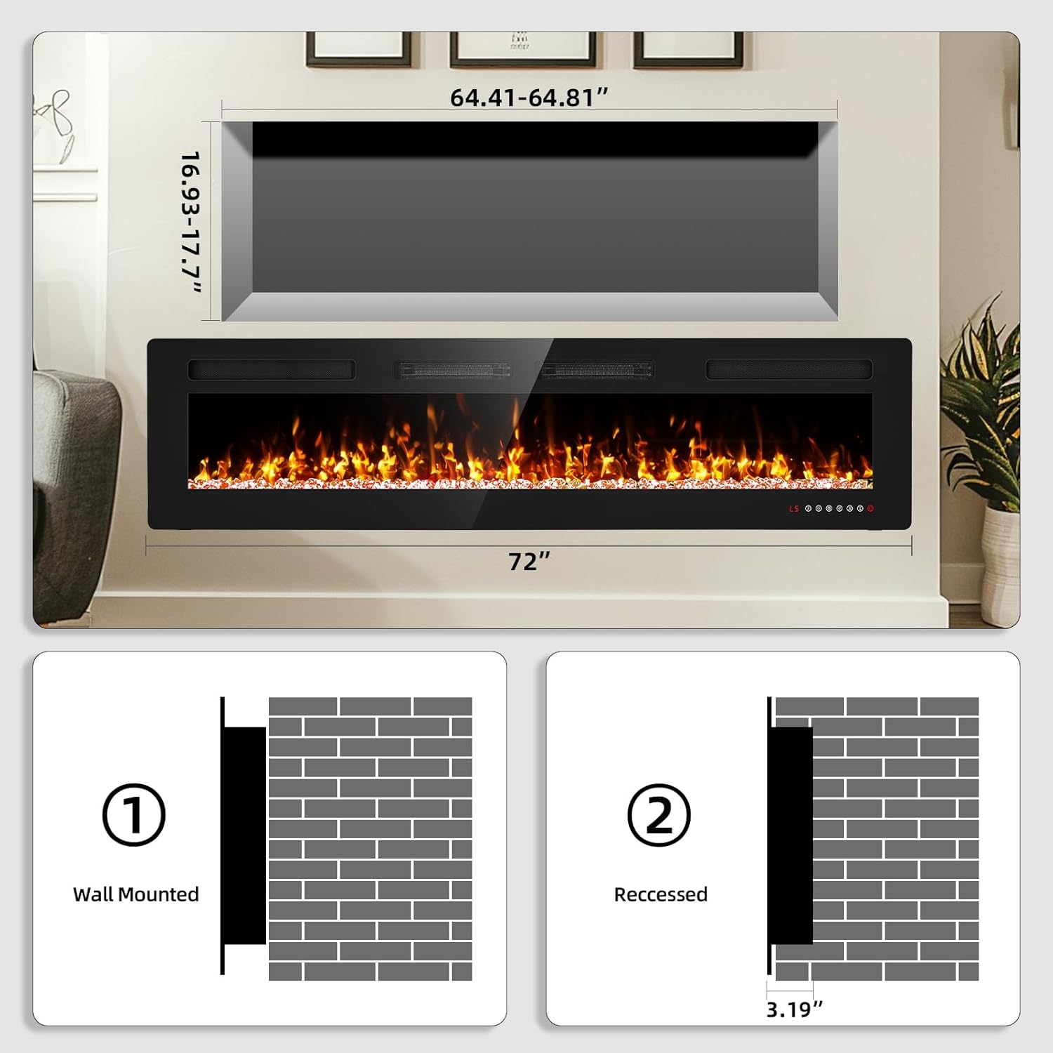 72 Inch Ultra Thin Electric Fireplace with Remote and Touch Screen