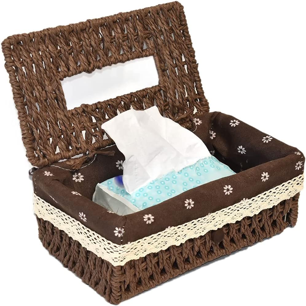 YANGMEI Brown Tissue Box with Natural Paper Rope Design