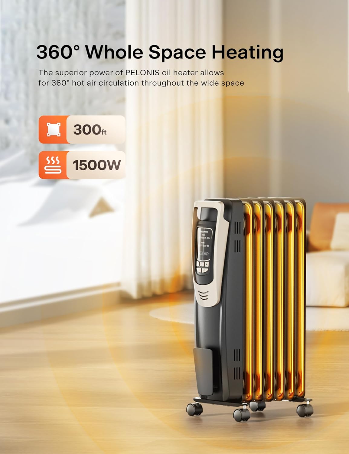 PELONIS Champagne Oil Filled Radiator Heater with Remote Control and Thermostat
