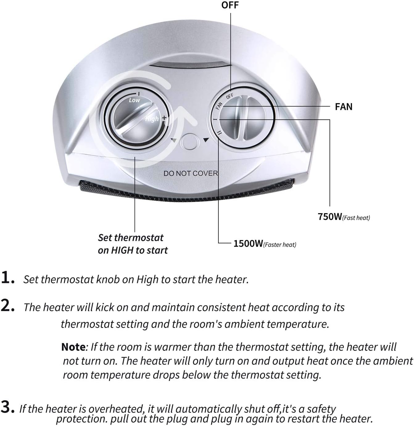 Moonflor 1500W Silver Space Heater with Safety Features