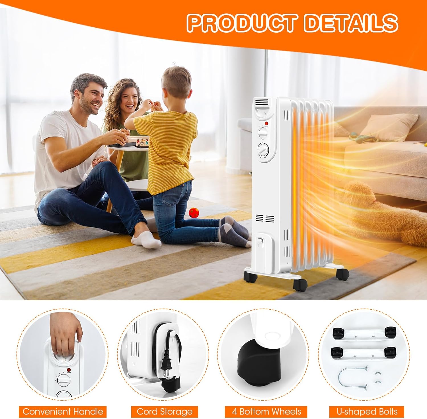 S AFSTAR 1500W Oil Heater with 3 Settings and Safety Features