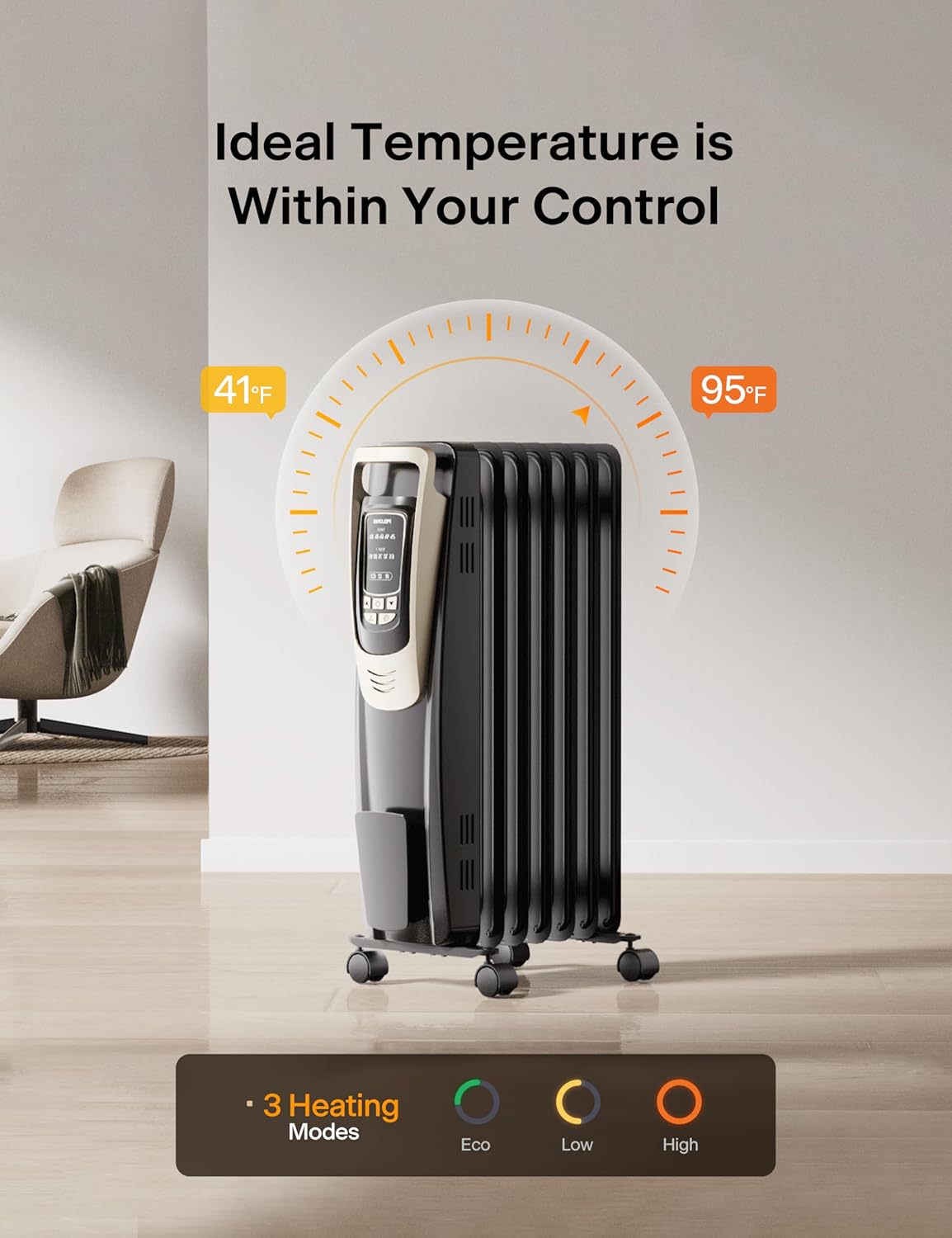PELONIS Champagne Oil Filled Radiator Heater with Remote Control and Thermostat