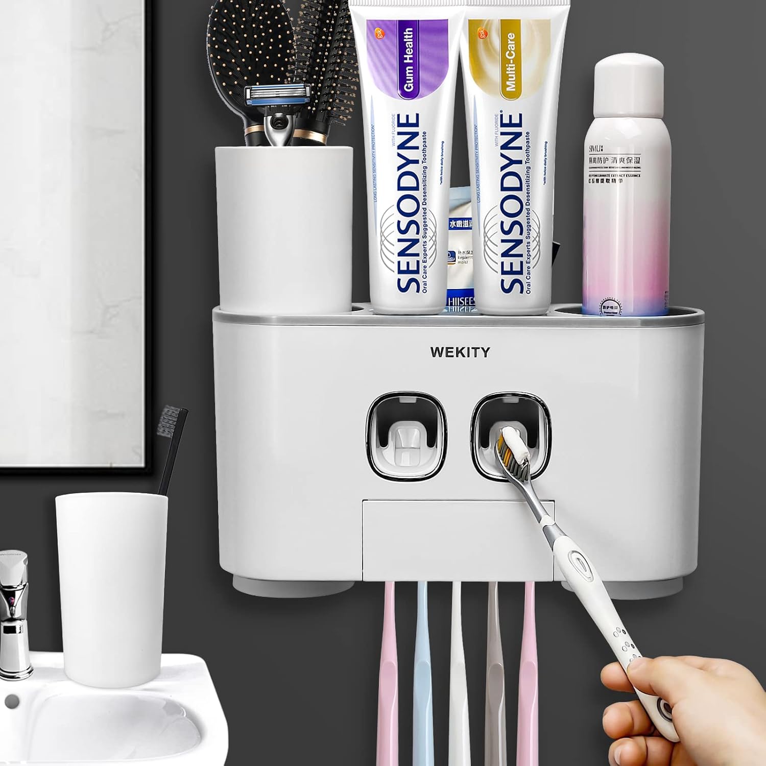 WREWING Multi-Function Toothbrush Holder with 5 Slots and 2 Dispensers