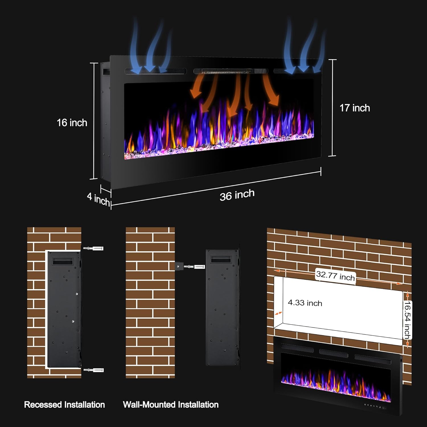 BETELNUT 36 Electric Fireplace with Remote Control