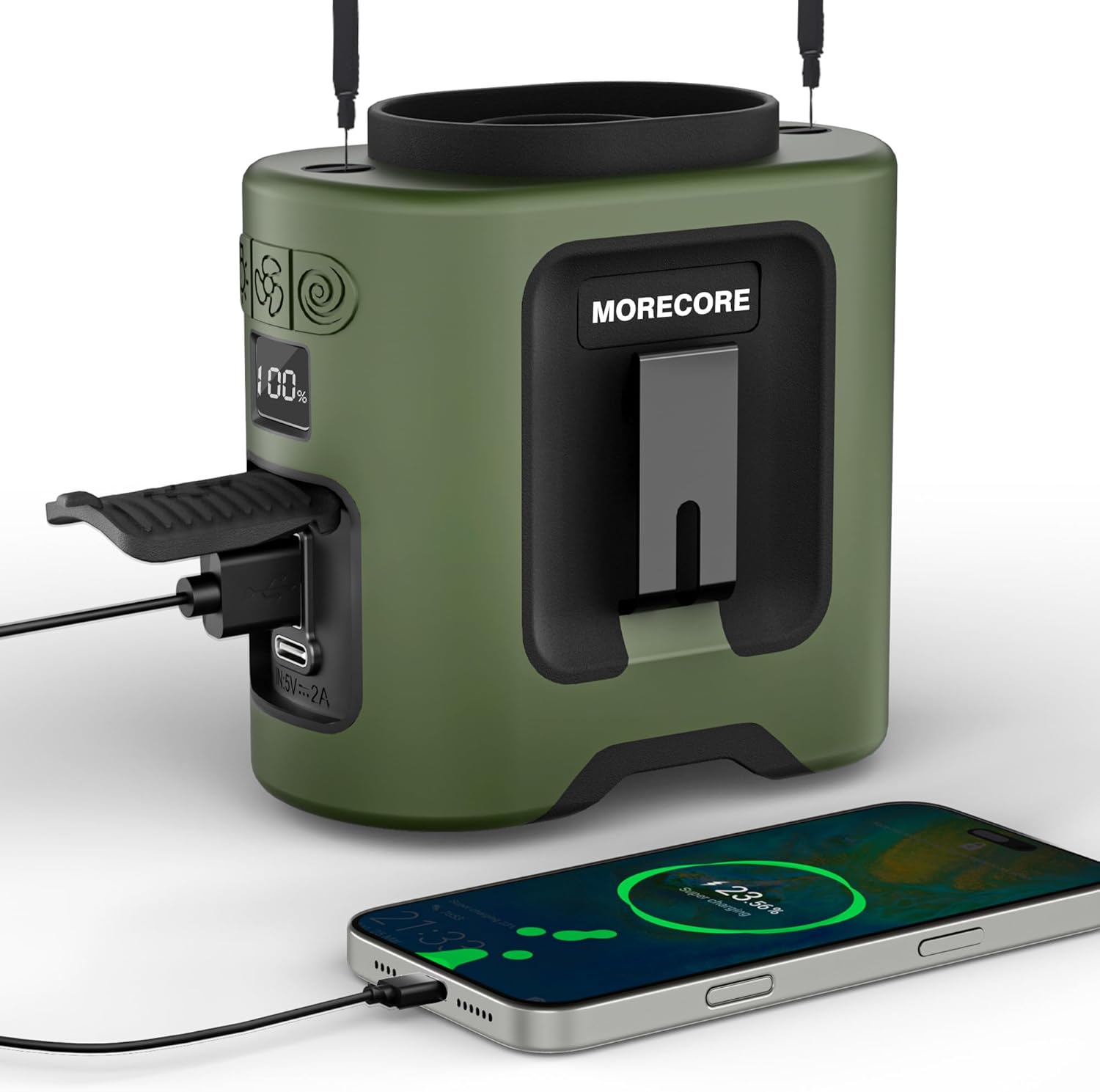 MORECORE 14500mAh Waist Fan with Flashlight and 5 Speeds - Green