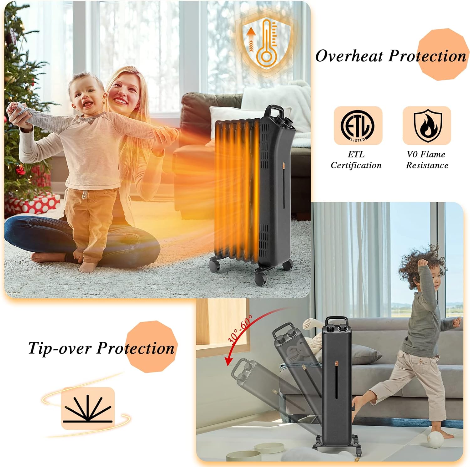 S AFSTAR 1500W Electric Oil Heater with 3 Heat Settings and Safety Features